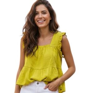 Calligraphie Yellow Sleeveless Ruffle Top linen blend size small